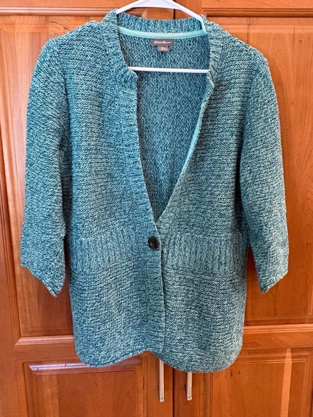 Eddie Bauer Shaker Button-Front Cardigan  L, Turquoise Green White Marled
